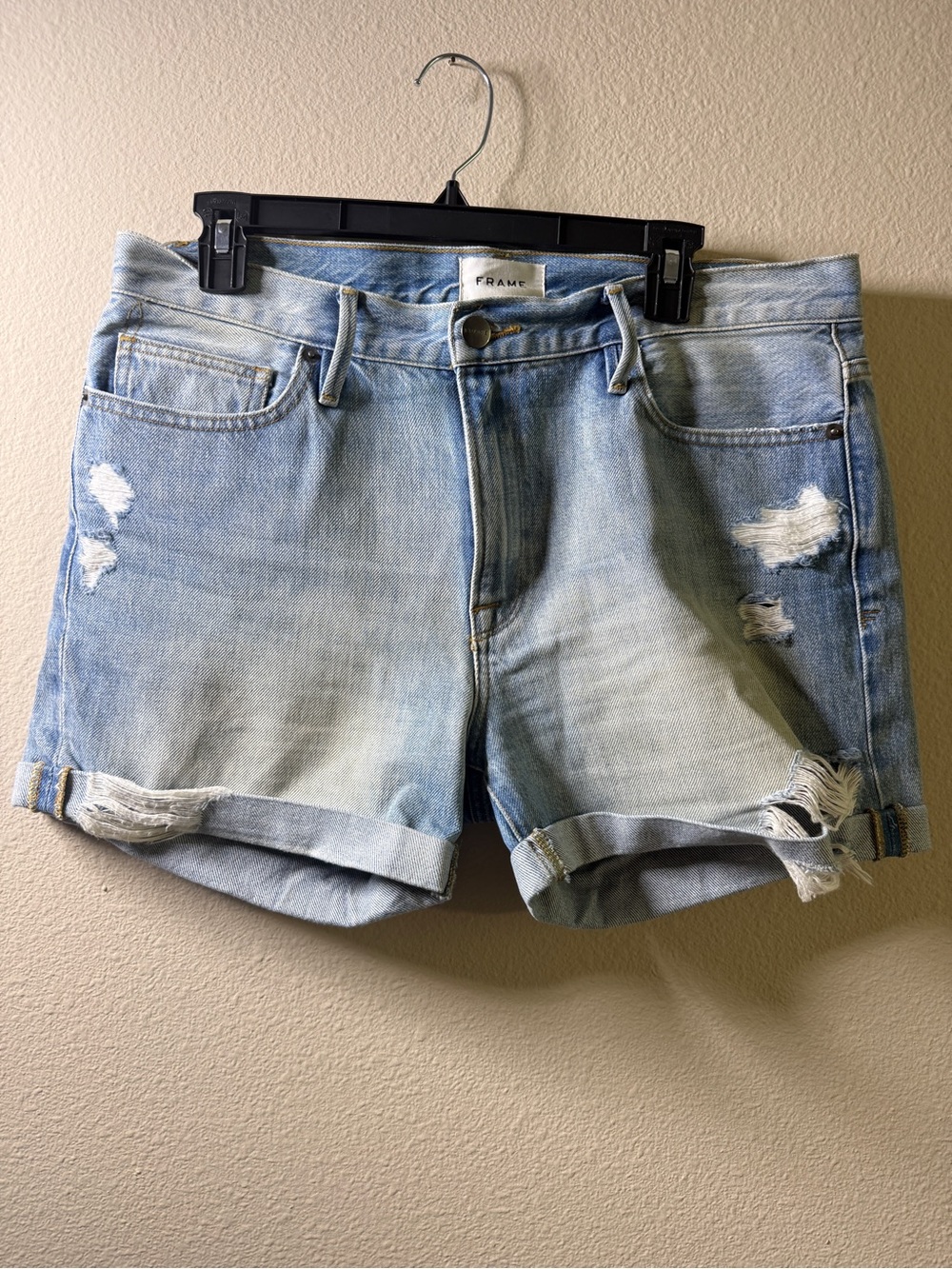 Frame Denim Light Wash Distressed Roll-Hem Jean Shorts